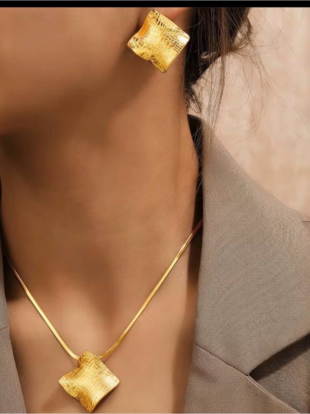 Gold Textured Square Pendant Necklace and Stud Earrings - Women Jewelry